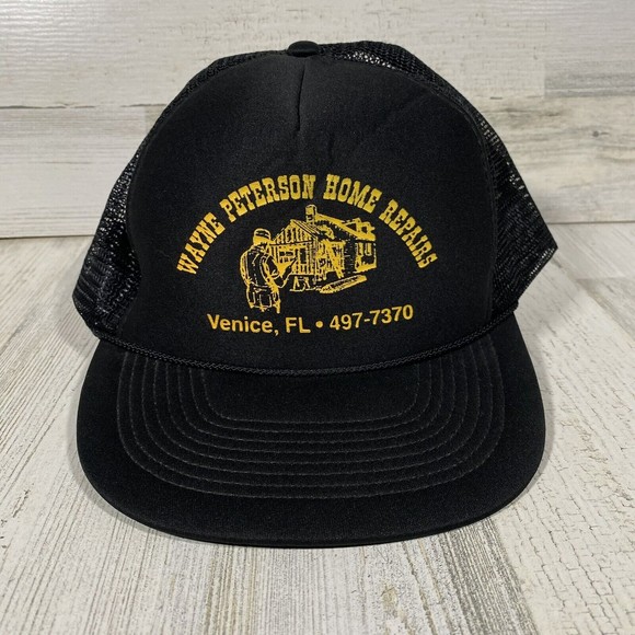 Vtg Nissin Snapback Black Trucker Hat Mesh Foam Cap Wayne Peterson Home Repairs - Picture 1 of 5